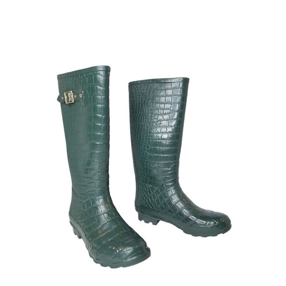 Khombu BW1208 Crocodile Tall Rubber Rain‎ Boot Green Cheetah Print Lining sz 9 - Picture 2 of 9